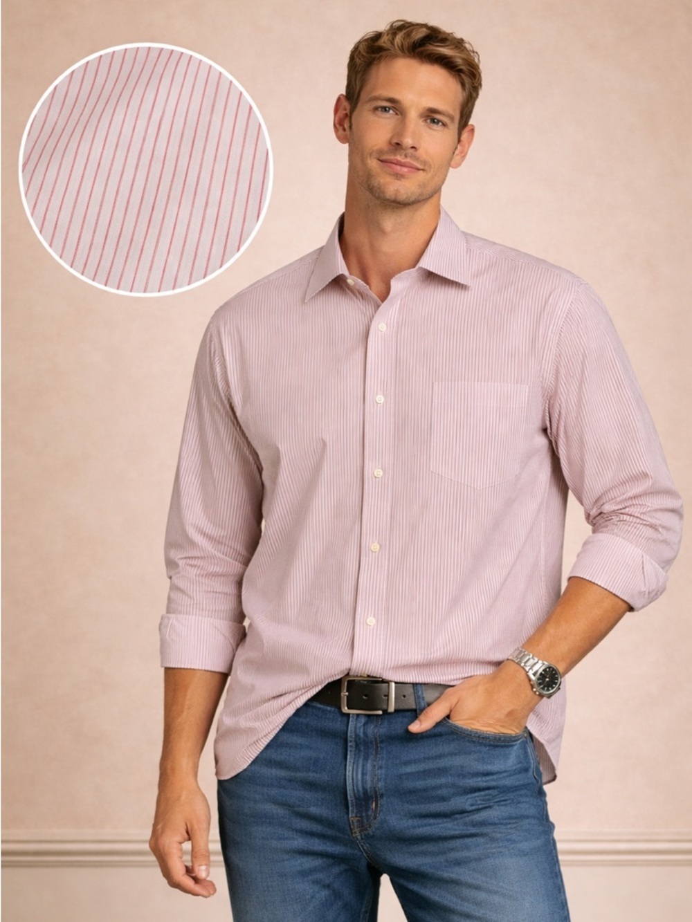 Kirkland Signature Red Pinstripe Dress Shirt - Long Sleeve Classic Business
